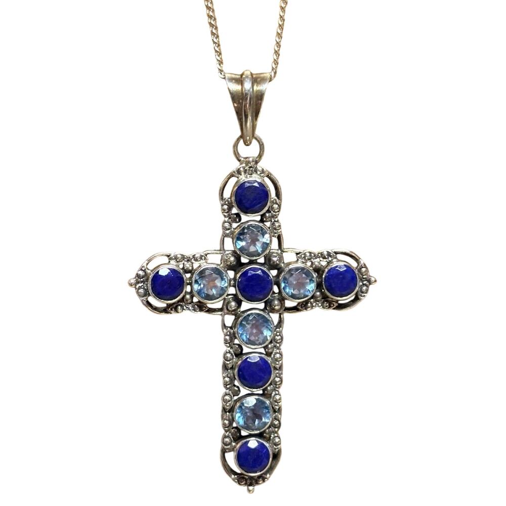 Nicky Butler Cross Necklace Sterling Silver, Lapis and Blue Topaz Made in India